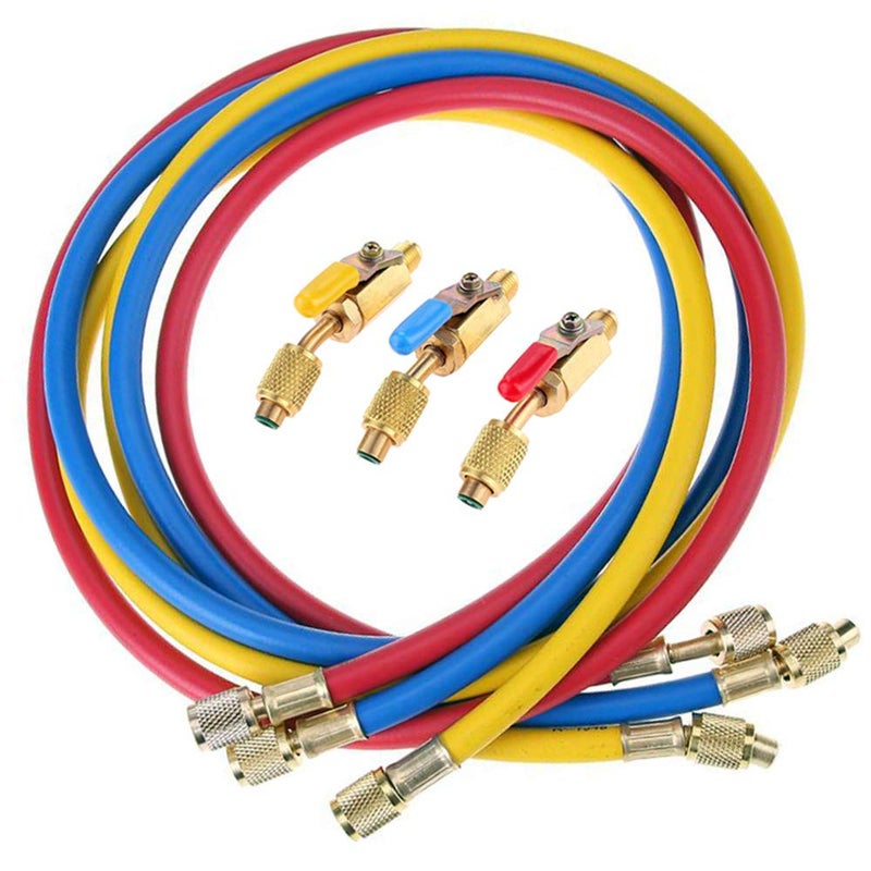LIYYOO Refrigerant Charging Hose with Ball Valve Apply to R134A R12 R22 R502 R404 Refrigerant Air Conditioning Manifold Gauge 1/4" Thread Hose Set 60" Red/Yellow/Blue (Pack of 3) - Image 2